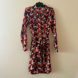 Outback Red Geometric Button Front Shirt Dress Medium Tie Waist Long Sleeve